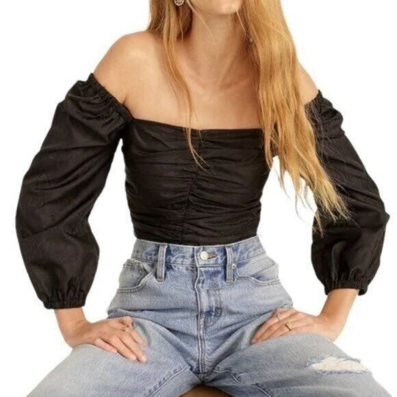 J. Crew Ruched Puff Sleeve Cropped Top in Black Size 10 NWT - Picture 1 of 12